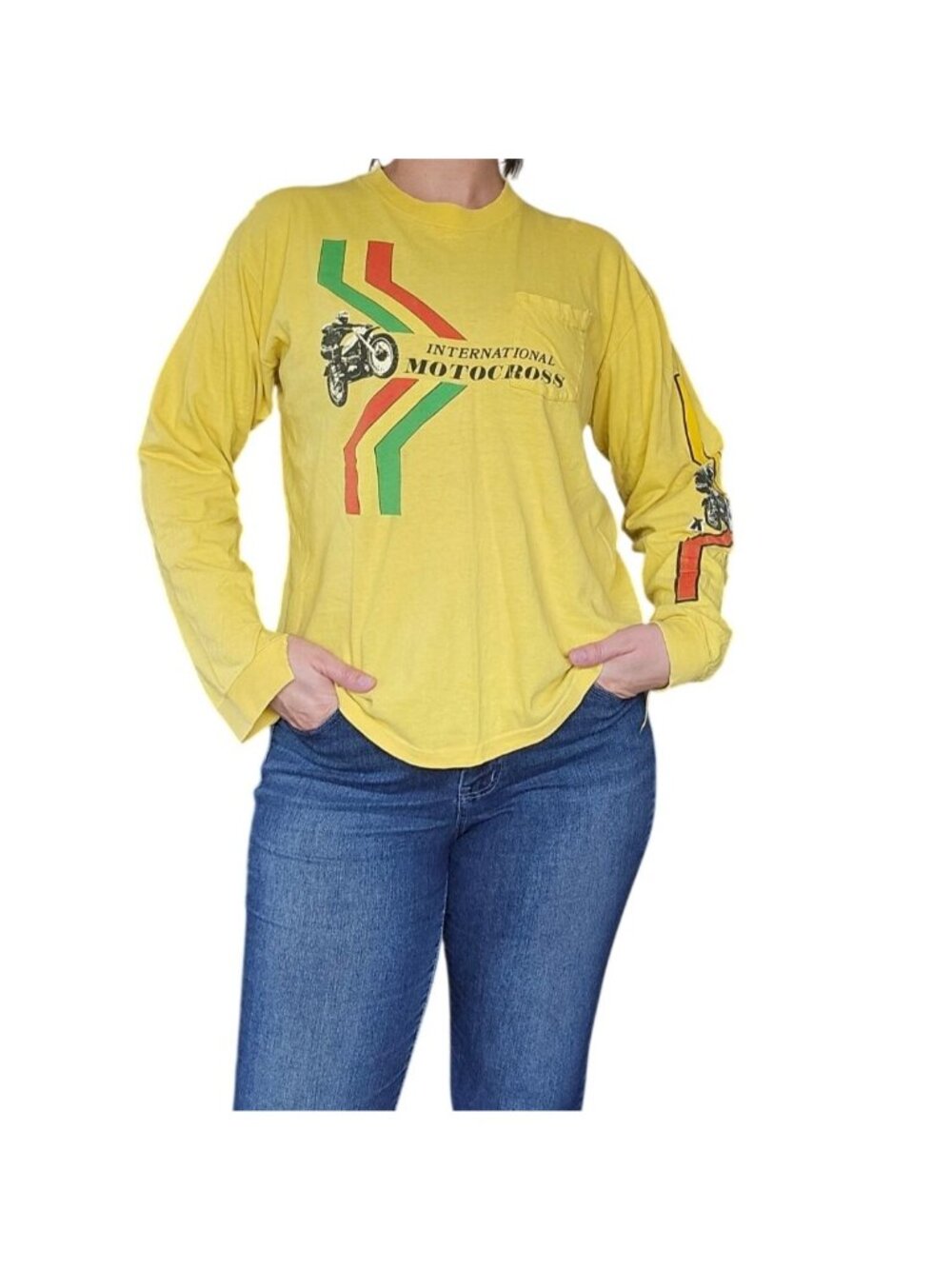 Vintage y2k International Motocross Long Sleeve Yellow T Shirt Worn Men Size XL
